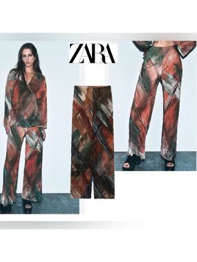 Zara pleated printed wide leg trousers dress pants pull on stretchy S NWOT